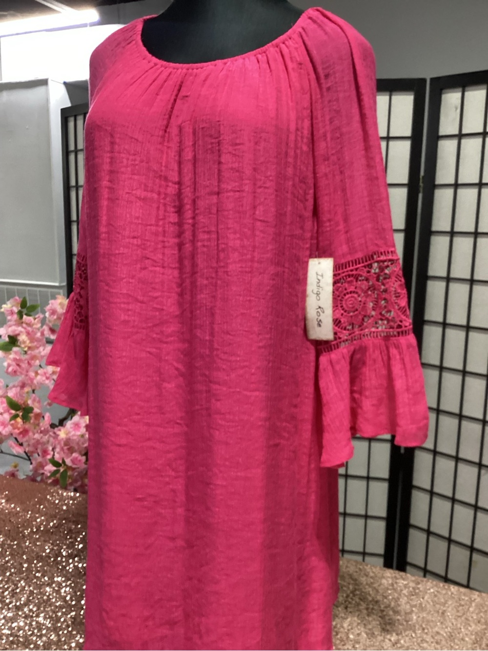 Bright Pink Women's Peasant Dress with Lace Bell Sleeves - Picture 3 of 7